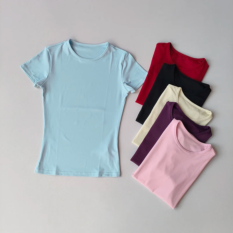 Nude-Sensing Solid Color Yoga Clothes for Short-Sleeved Women'S Quick-Drying Elastic Tight T-Shirt Fitness Clothes Top Clothing